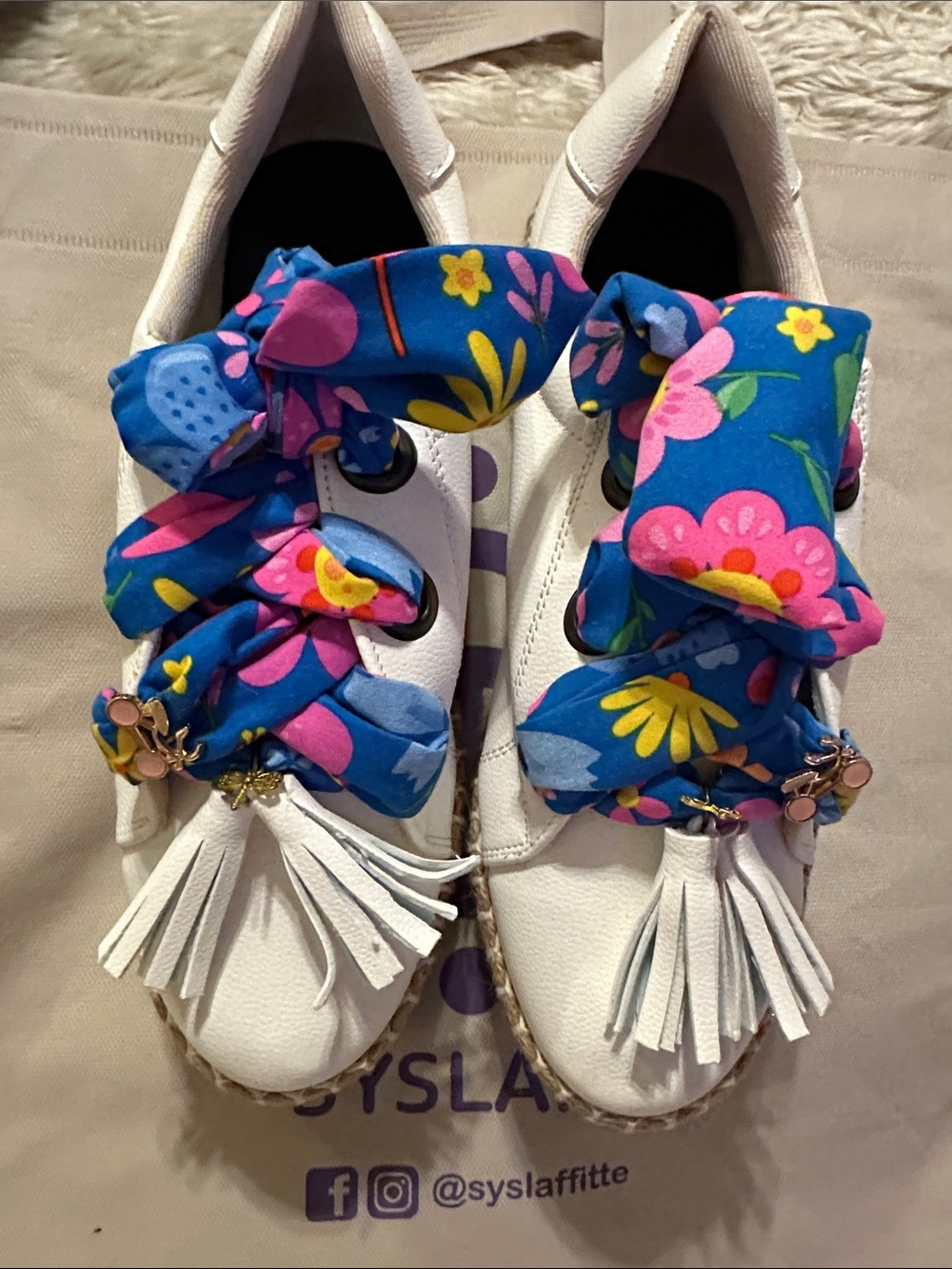 White Tassel Espadrille Sneakers with Blue Floral Scarf Laces